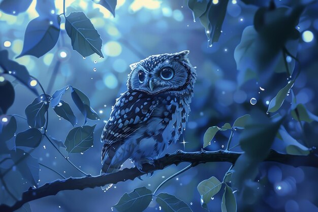 Photo owl perched on tree branch in magical forest