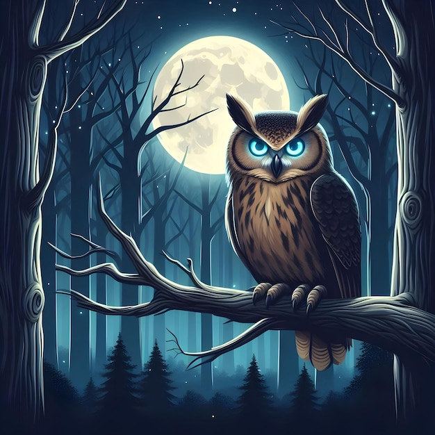 An owl perched on a tree branch under the moonlight with its eyes glowing