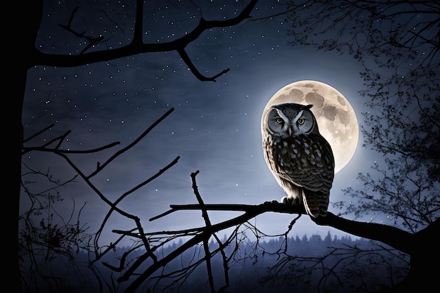 Owl perched on tree branch with view of moonlit forest