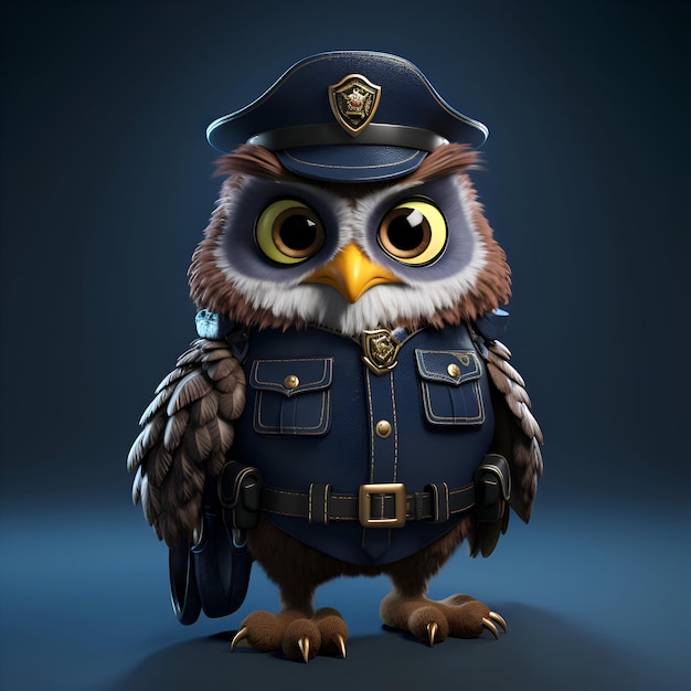 Photo owl in police uniform 3d render on dark blue background