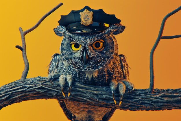 Photo owl in police uniform in fantasy concept