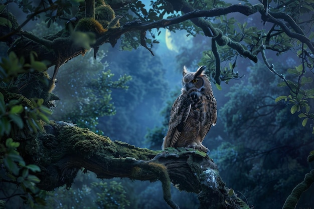 An owl relaxes on a tree branch in the forest at night