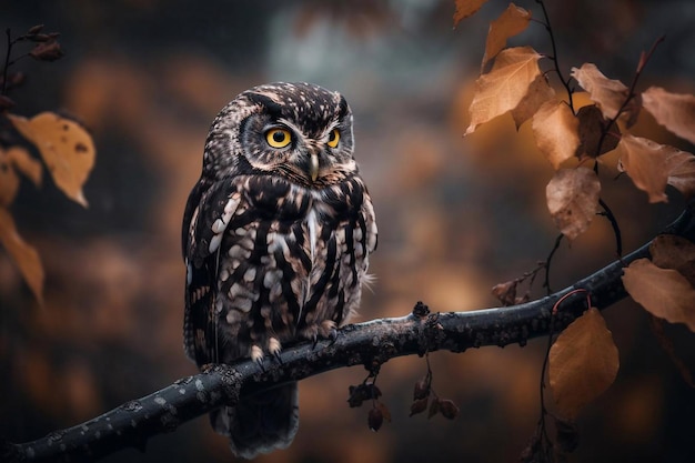 An owl sits on a branch in the forest AI Generated