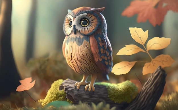 An owl sits on a branch in the forest. watercolor illustrations for kids cartoon style ai generated