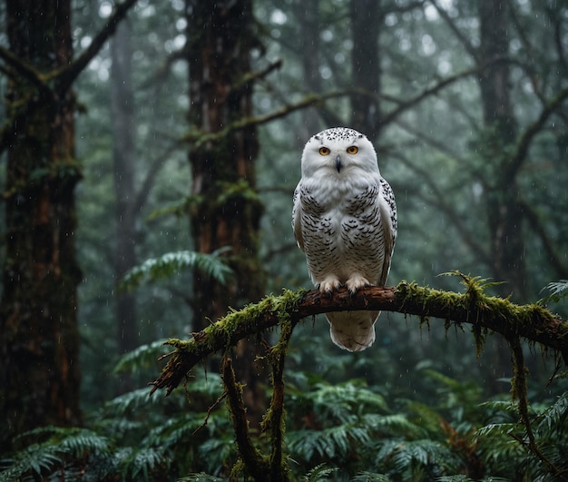 Photo a owl sits on a branch in the rain in a forest