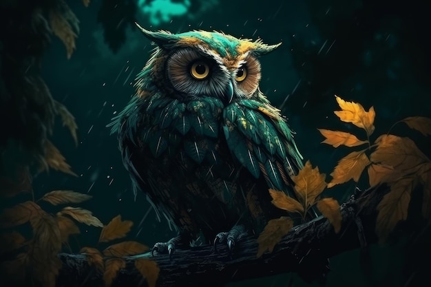 An owl sits on a branch in the rain.