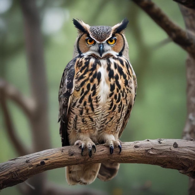 a owl sits on a branch with a blurry background