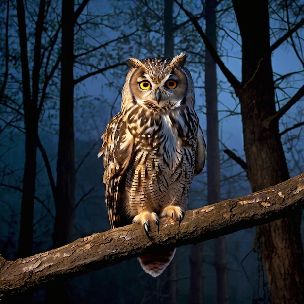 an owl sits on a branch with a dark background