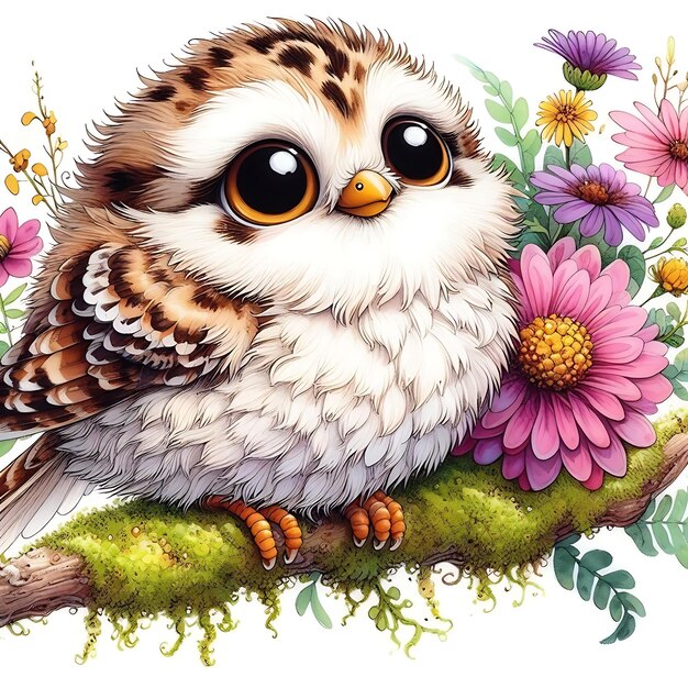 an owl sits on a branch with flowers in the background