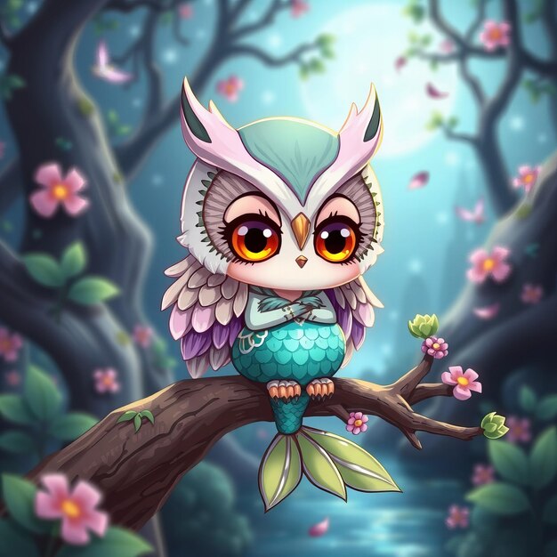 Photo a owl sits on a branch with flowers in the background