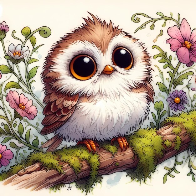 an owl sits on a branch with flowers and plants