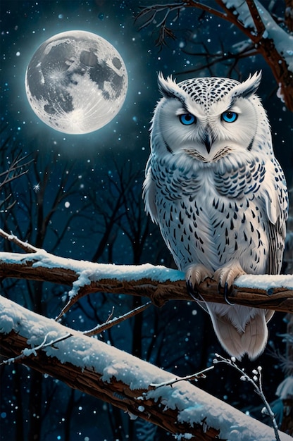 an owl sits on a branch with a full moon in the background