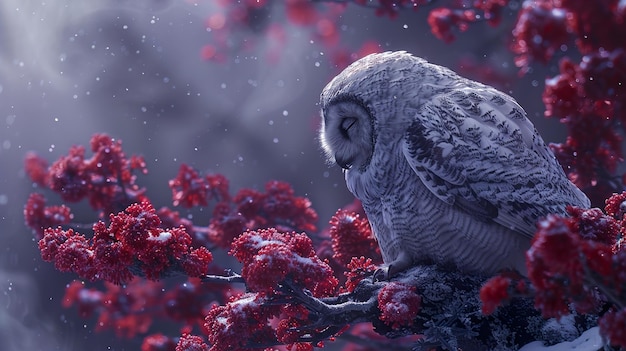 an owl sits on a branch with red berries