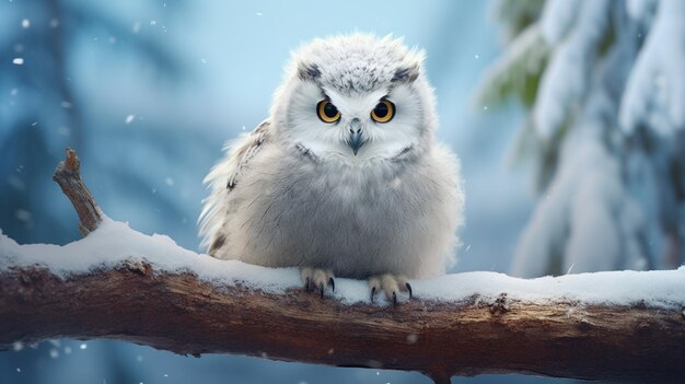 a owl sits on a branch with snow on the background