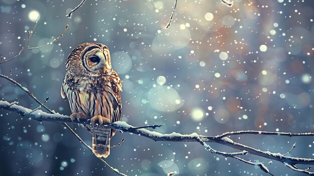 an owl sits on a branch with snow falling