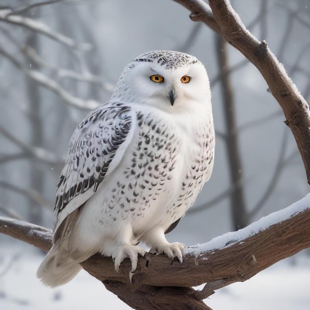 a owl sits on a branch with snow on it