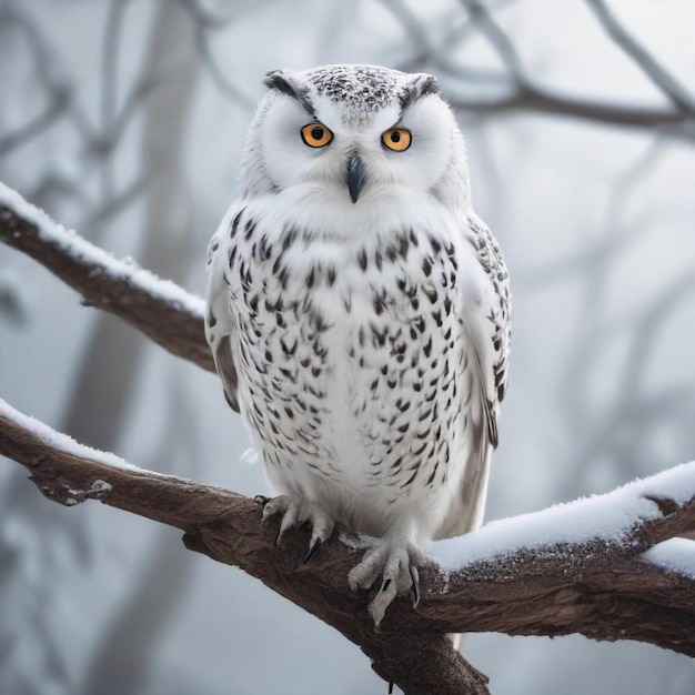 a owl sits on a branch with snow on it