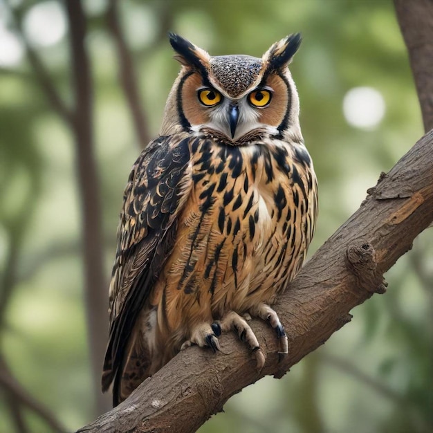 a owl sits on a branch with a yellow eye