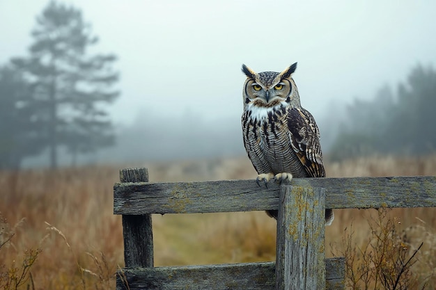 Photo an owl sits on a fence in a field with a forest in the background