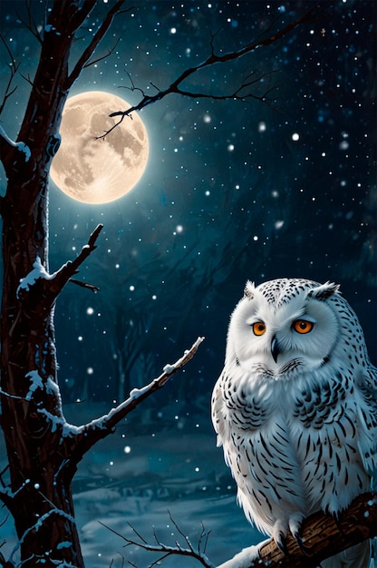 Photo an owl sits in front of a tree with the moon in the background