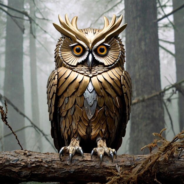 Photo an owl sits on a log in a forest with trees in the background