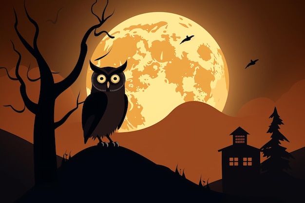 Owl sits on the night sky landskape with the full moon