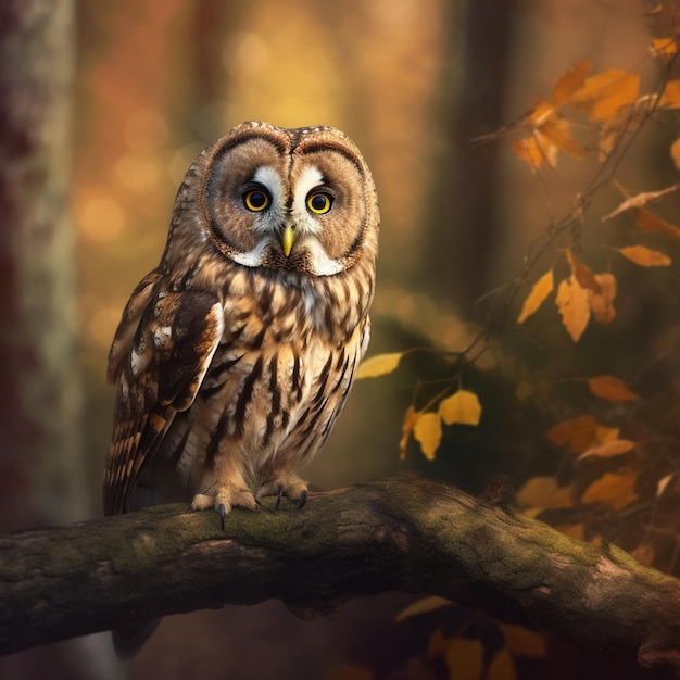 An owl sits right on a tree branch and looks at the camera