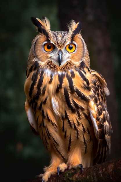 An owl sits right on a tree branch and looks at the camera