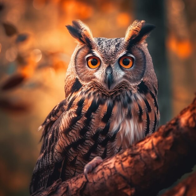 An owl sits right on a tree branch and looks at the camera