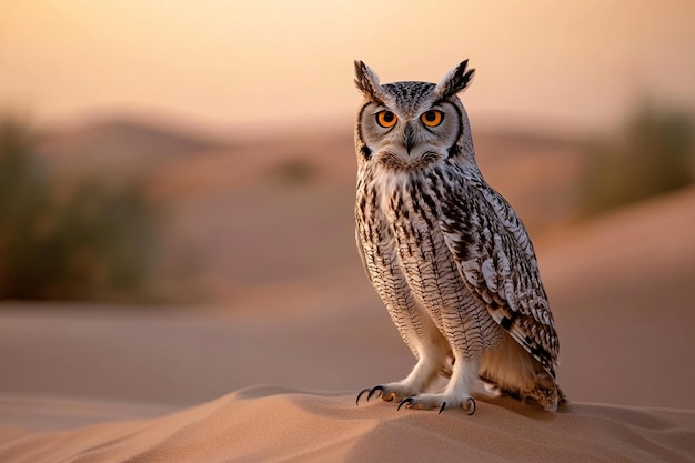 Photo a owl sits in the sand with orange eyes