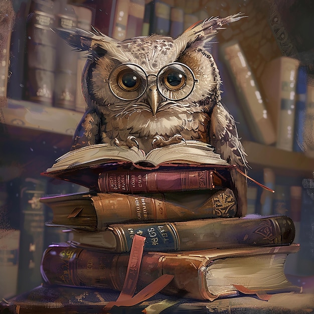 an owl sits on a stack of books