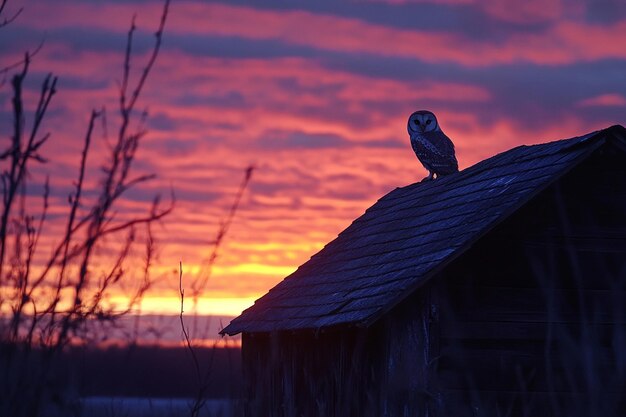 Photo an owl sits on top of a barn at sunset