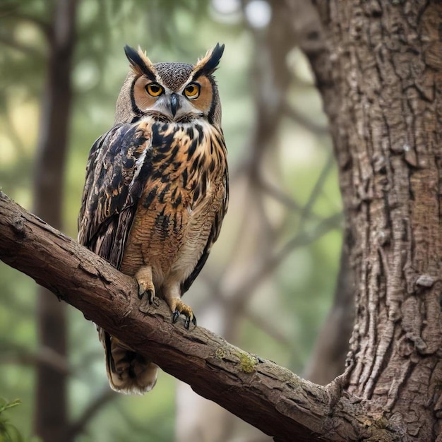 a owl sits on a tree branch in a forest