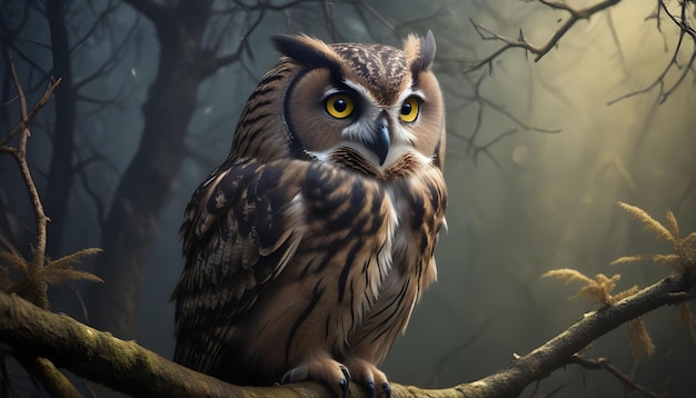 a owl sits on a tree branch with the sun behind him