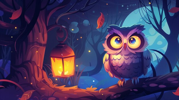 Photo an owl sits in a tree with a lantern in the background