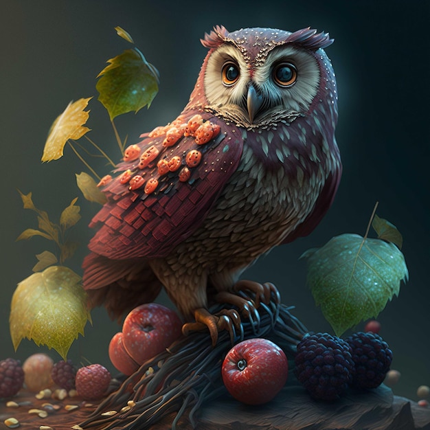 Owl sitt on a branch with a fruits and leaves around him