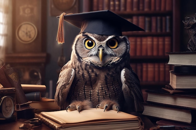 An owl sitting on a book in front of a bookcase with a graduation cap on it.