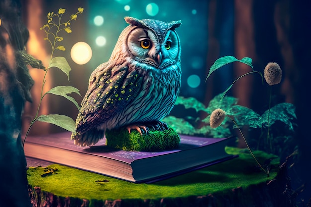 Owl sitting on a book in a magical mysterious forest Generative AI