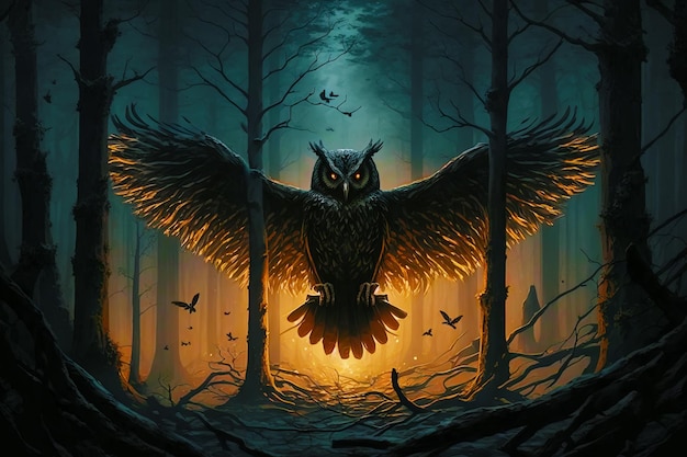 Owl sitting on tree branch in forest at night Generative AI