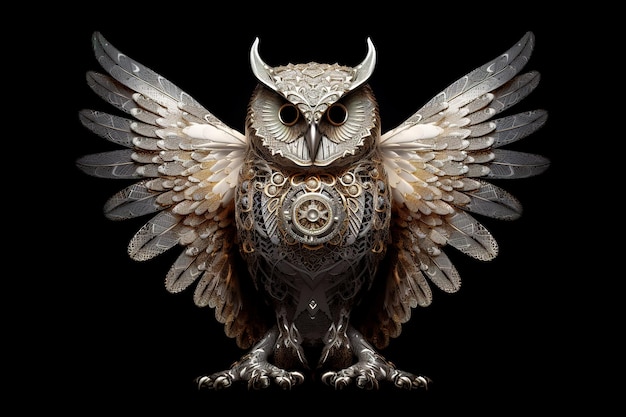 The owl spreads its wings over its entire body in a beautifully shiny metal ornament Wild Animals Birds Illustration Generative AI