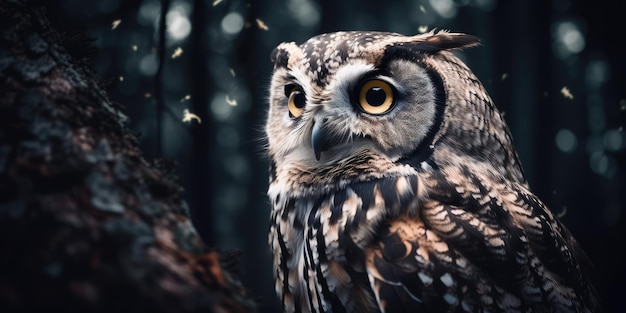 The owl surrounded by forest at night