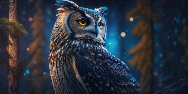 The owl surrounded by forest at night