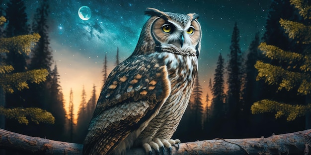 The owl surrounded by forest at night