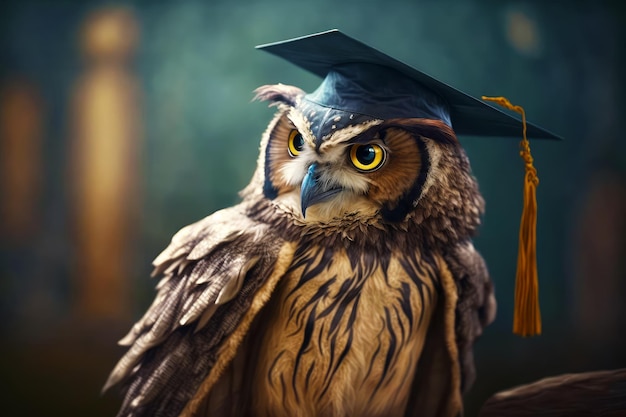 Owl wearing graduation cap and gown with tassel on it's head Generative AI