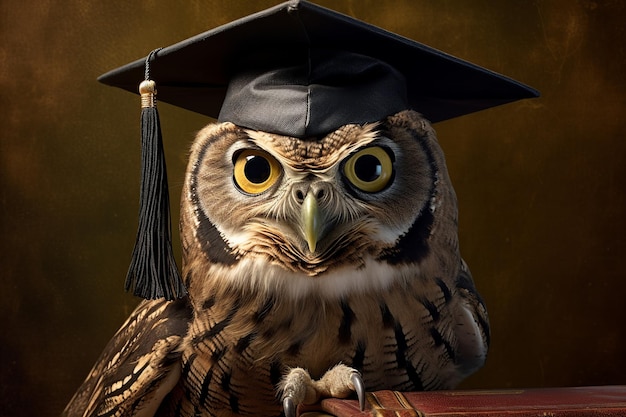 An owl wearing a graduation cap sits on a book.