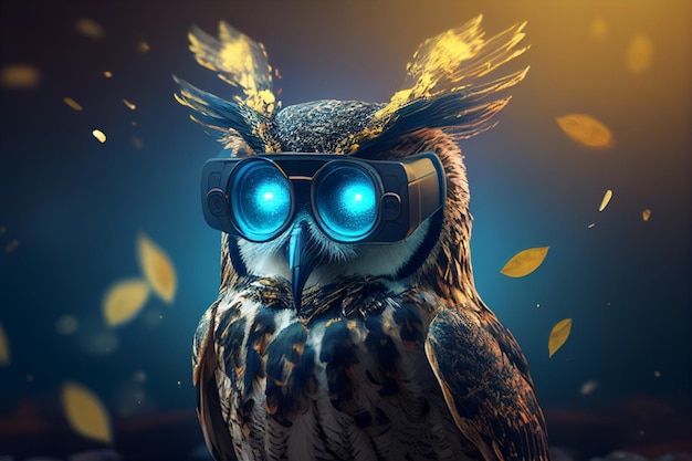 An owl wearing a pair of glasses with the word owl on it.