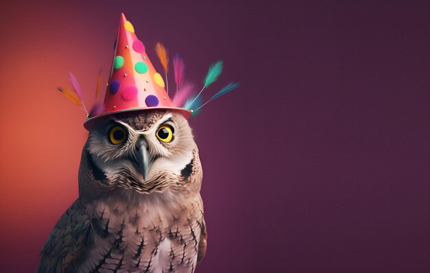 Photo an owl wearing a party hat with a party hat.