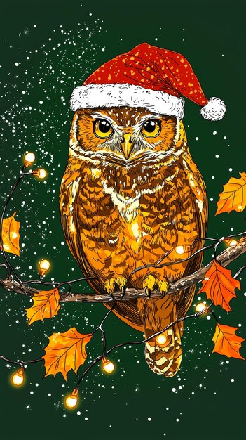 Owl Wearing Santa Hat on Branch with Christmas Lights