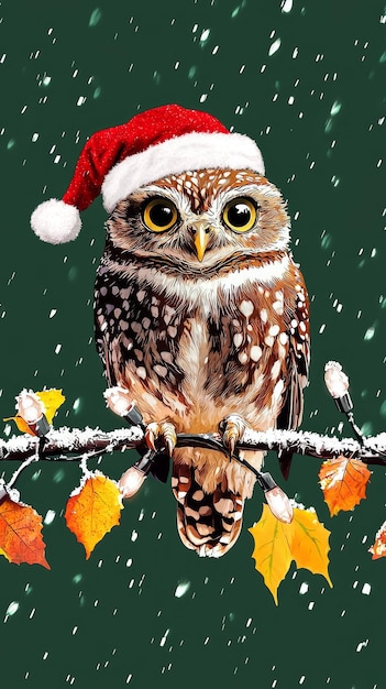 Owl Wearing Santa Hat In Snow