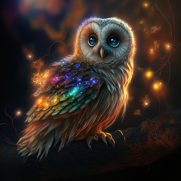 An owl with big eyes sits on a branch with yellow lights in the background